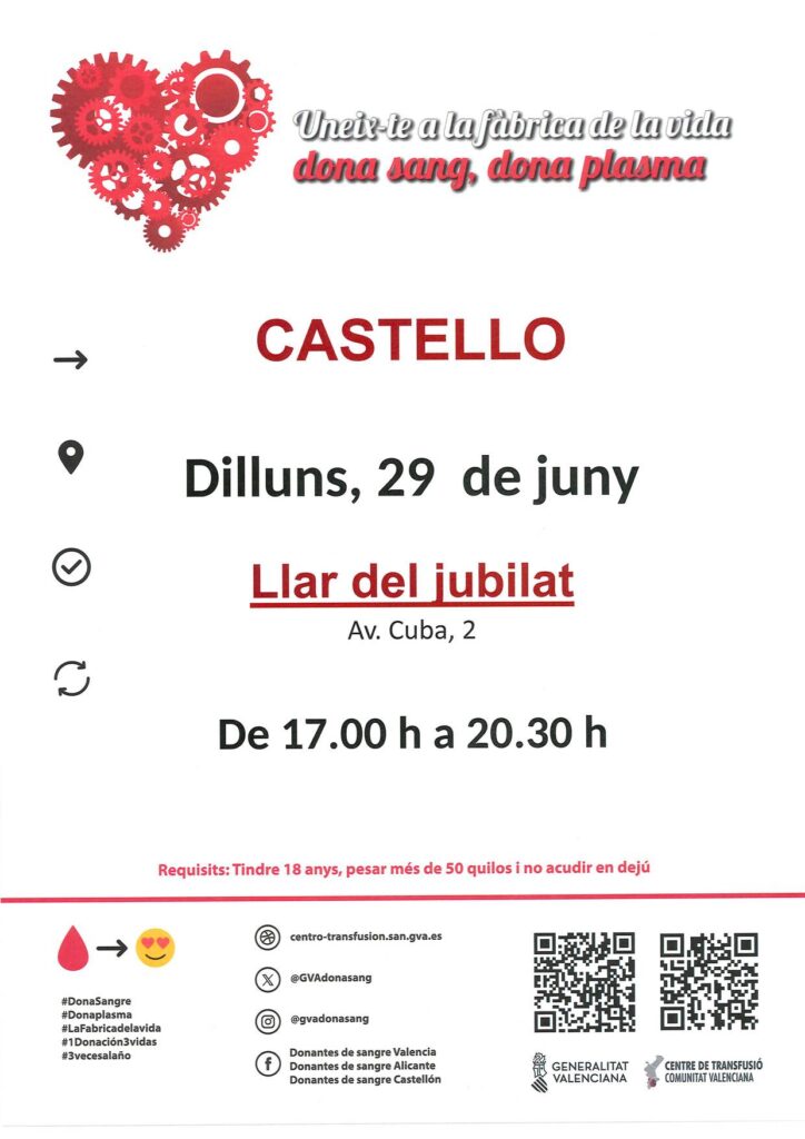 Cartell donació de sang a Castelló, 29 de juny