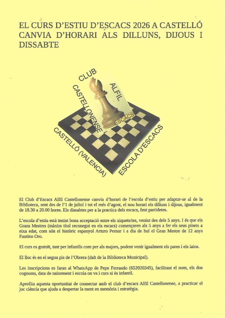 El Club d'Escacs Alfil Castellonense canvia l'horari de l'escola d'estiu
