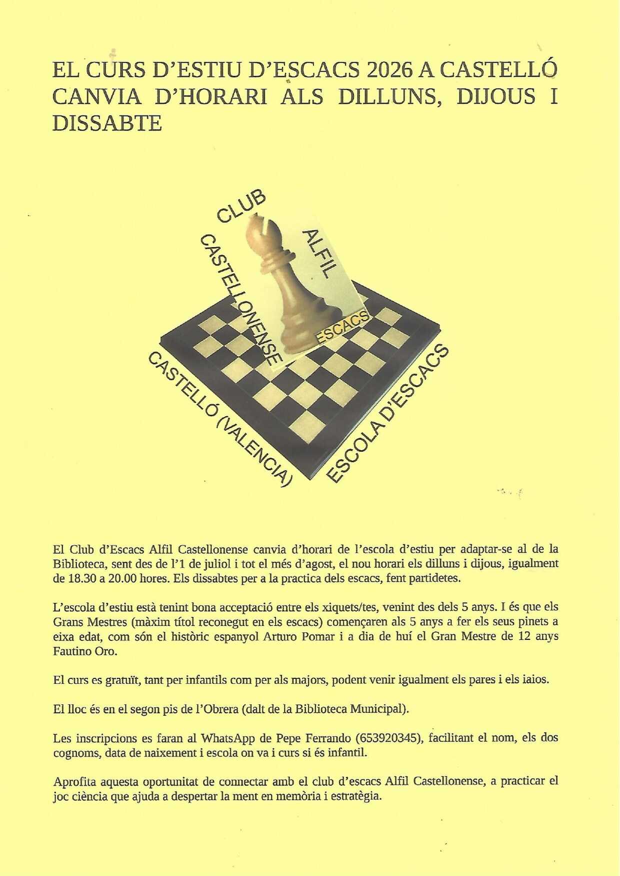 El Club d'Escacs Alfil Castellonense canvia l'horari de l'escola d'estiu